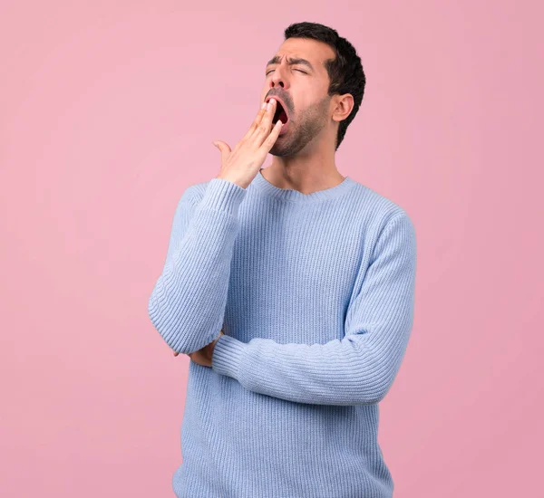 Man Blue Sweater Yawning Covering Wide Open Mouth Hand Sleepy — Stock Photo, Image
