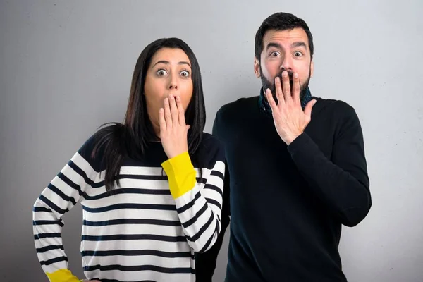 Couple Making Surprise Gesture Grey Background — Stock Photo, Image