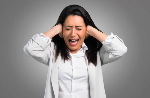 Pretty Woman Covering Her Ears Grey Background — Stock Photo, Image