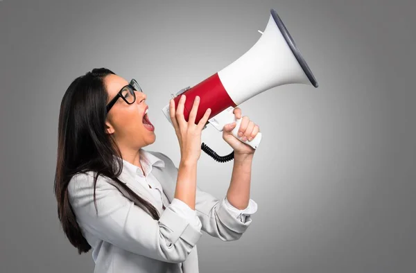 Pretty Woman Glasses Holding Megaphone Grey Background — Stock Photo, Image