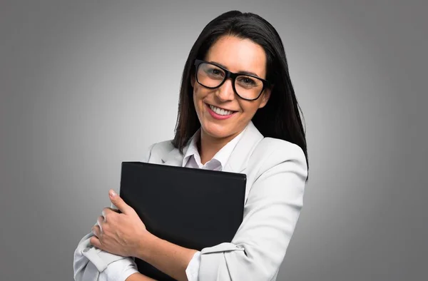 Pretty Woman Glasses Holding Binder Grey Background — Stock Photo, Image
