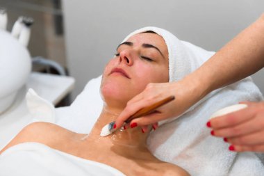 Güzel bir genç kadın bir spa - kadın estetik Center'da bir kozmetik fırça ile yüz maskesi uygulamak terapist