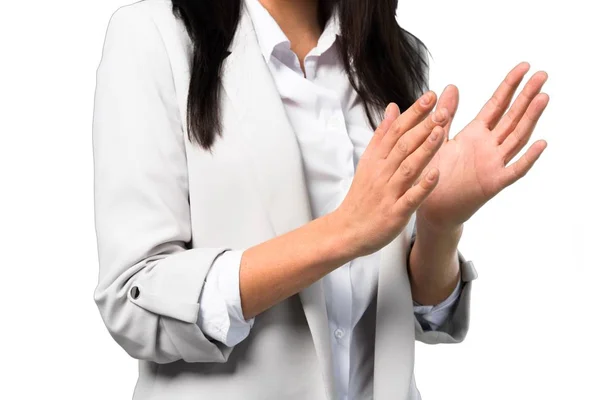 Pretty Woman Applauding White Background — Stock Photo, Image