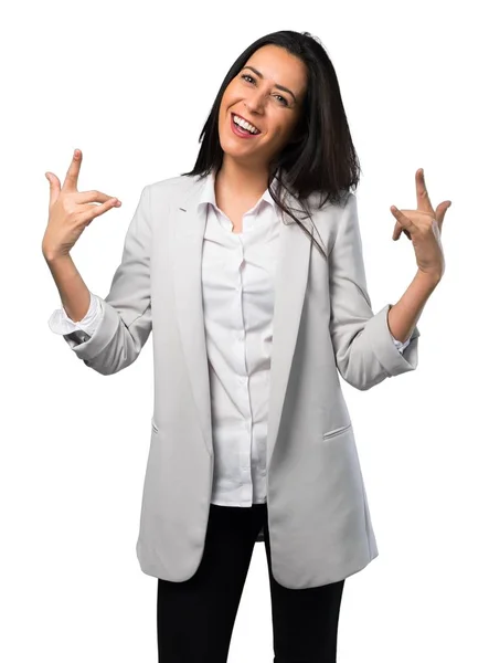 Pretty Woman Making Rock Gesture White Background — Stock Photo, Image