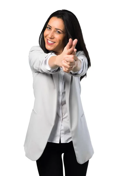 Mujer Bonita Haciendo Gesto Pistola Sobre Fondo Blanco —  Fotos de Stock