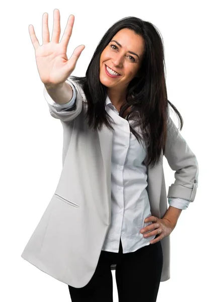 Pretty Woman Counting Five White Background — Stock Photo, Image