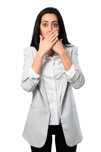 Mujer Bonita Cubriéndose Boca Sobre Fondo Blanco —  Fotos de Stock