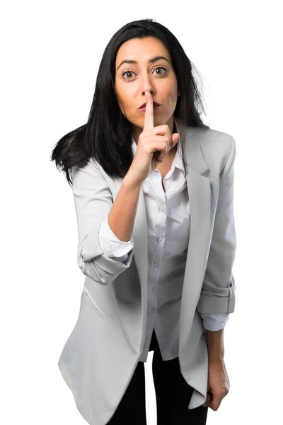 Pretty Woman Making Silence Gesture White Background — Stock Photo, Image