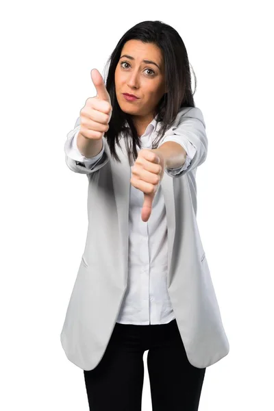 Pretty Woman Making Good Bad Sign White Background — Stock Photo, Image