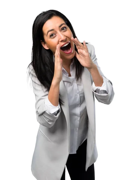 Mujer Bonita Gritando Sobre Fondo Blanco —  Fotos de Stock