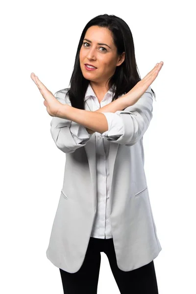 Pretty Woman Making Gesture White Background — Stock Photo, Image