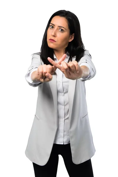 Mujer Bonita Haciendo Ningún Gesto Sobre Fondo Blanco — Foto de Stock