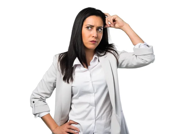 Mujer Bonita Teniendo Dudas Sobre Fondo Blanco — Foto de Stock