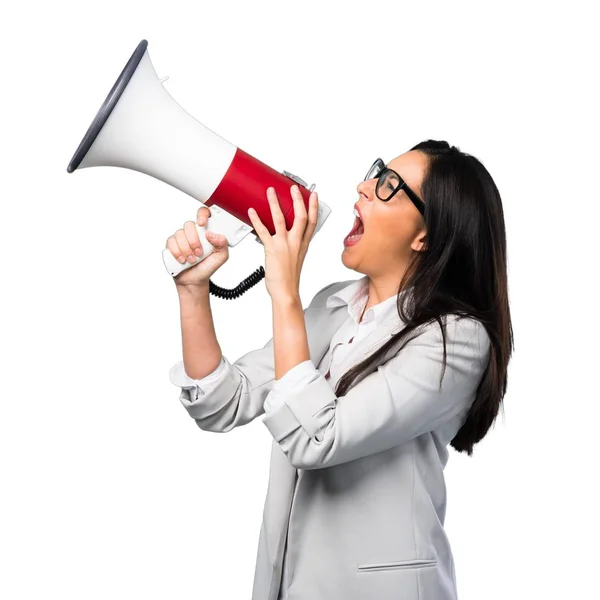 Mooie Vrouw Met Glazen Houden Een Megafoon Witte Achtergrond — Stockfoto