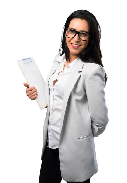 Pretty Woman Glasses Holdingg Clipboard White Background — Stock Photo, Image