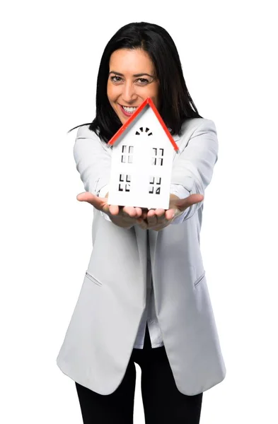 Pretty Woman Holding Little House White Background — Stock Photo, Image