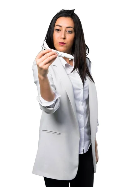 Pretty Woman Holding Toy Airplane White Background — Stock Photo, Image