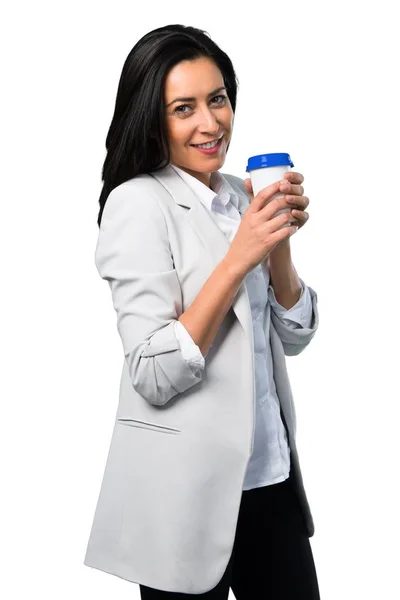 Bella Donna Che Tiene Caffè Portare Sfondo Bianco — Foto Stock