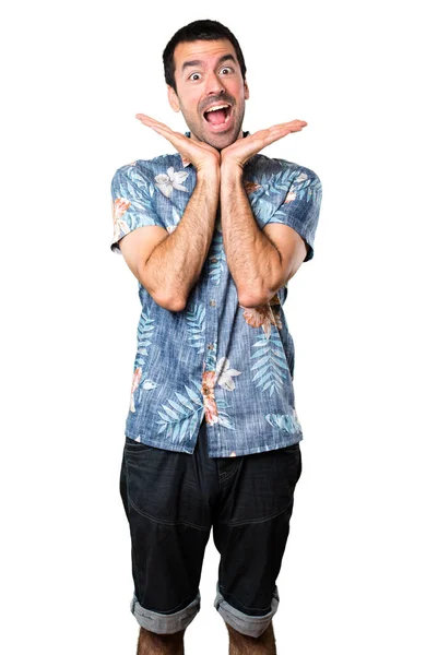 Lycklig Stilig Man Med Blomma Skjorta Isolerade Vit Bakgrund — Stockfoto