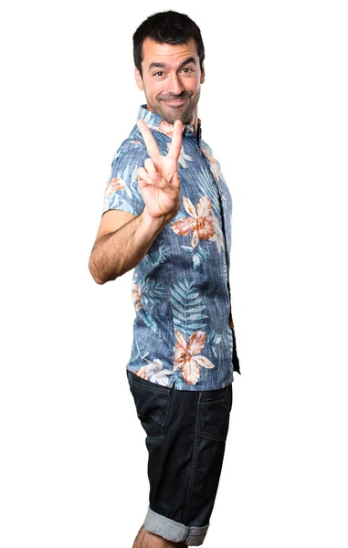 Stilig Man Med Blomma Skjorta Räknar Två Isolerade Vit Bakgrund — Stockfoto