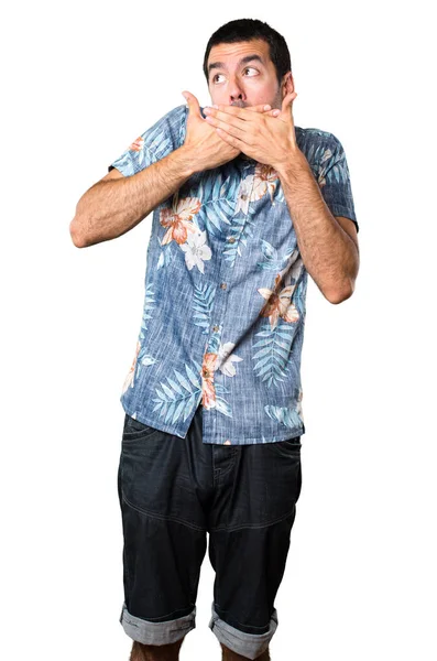 Stilig Man Med Blomma Skjorta Gör Överraskning Gest Isolerade Vit — Stockfoto