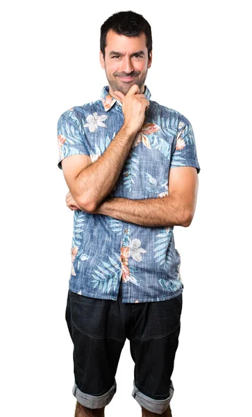 Stilig Man Med Blomma Skjorta Tänkande Isolerade Vit Bakgrund — Stockfoto