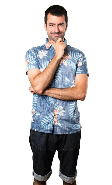 Hombre Guapo Con Camisa Flores Pensando Fondo Blanco Aislado —  Fotos de Stock