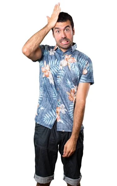 Красивый Мужчина Цветочной Рубашке Сомнениями Изолированном Белом Фоне — стоковое фото