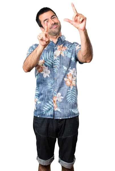 Hombre Guapo Con Camisa Flores Tocando Pantalla Transparente Sobre Fondo — Foto de Stock