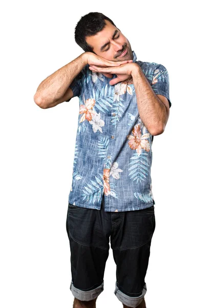 Handsome Man Flower Shirt Making Sleep Gesture Isolated White Background — Stock Photo, Image