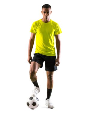 Soccer player man with dark skinned playing on isolated white background clipart