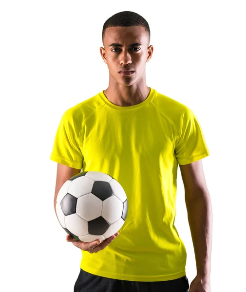 Jogador Futebol Homem Com Pele Escura Jogando Pegar Uma Bola — Fotografia de Stock