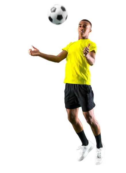 Voetbal Speler Man Met Donkere Onthuid Spelen Geïsoleerde Witte Achtergrond — Stockfoto