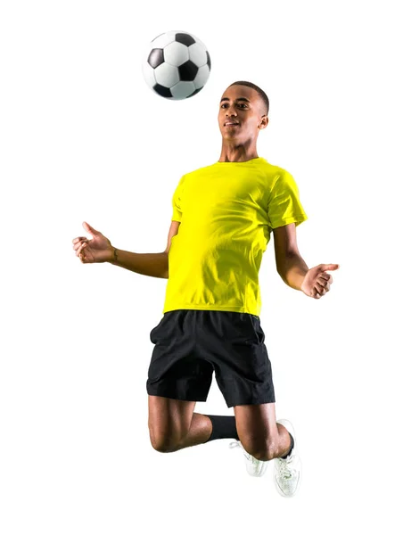 Voetbal Speler Man Met Donkere Onthuid Spelen Geïsoleerde Witte Achtergrond — Stockfoto