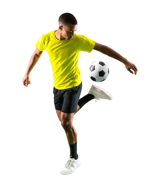 Zole Beyaz Arka Plan Üzerinde Oynarken Futbol Oyuncu Adam Ile — Stok fotoğraf