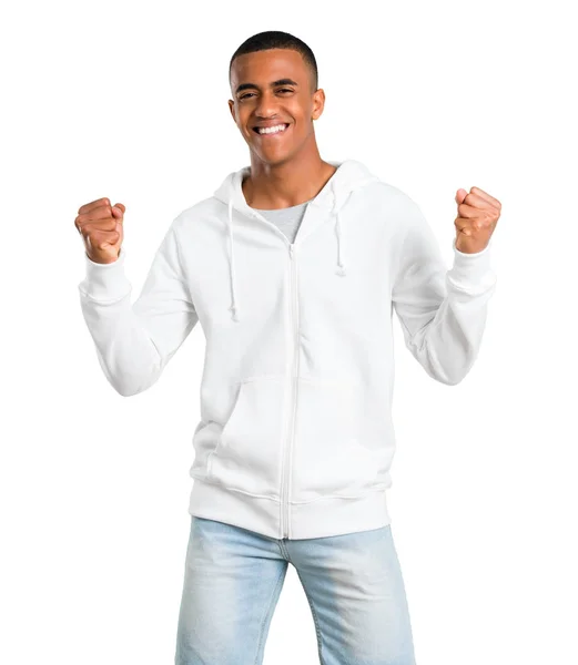 Dark Skinned Young Man White Sweatshirt Celebrating Victory Happy Having — Stock Photo, Image