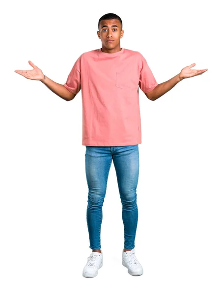 Standing Young African American Man Having Doubts Confuse Face Expression — Stock Photo, Image