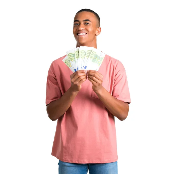 Jonge Afro Amerikaanse Man Nemen Van Een Heleboel Geld Geïsoleerde — Stockfoto