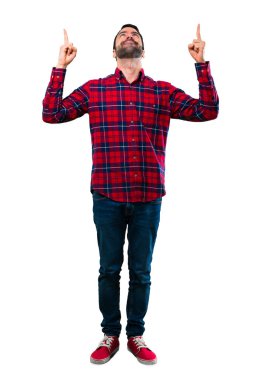 Yakışıklı adam harika bir fikir işaret parmağı ile işaret