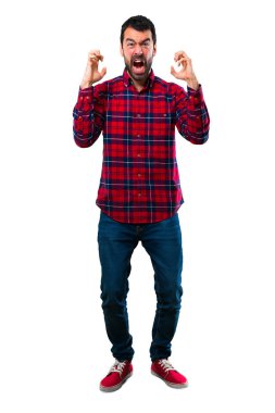 Yakışıklı adam Öfkeli öfkeli jest olarak rahatsız
