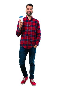 Yakışıklı adam paket servisi olan restoran kağıt bardak sıcak kahve holding