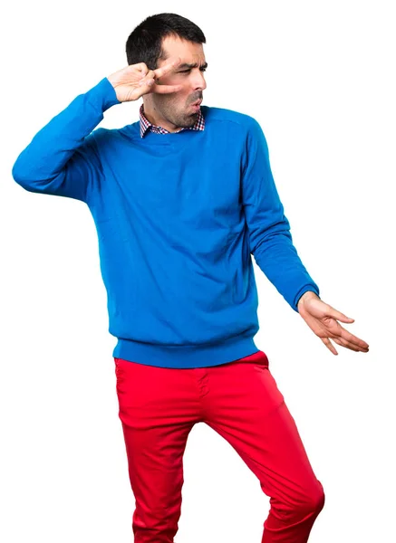 Guapo Joven Bailando Sobre Fondo Blanco —  Fotos de Stock