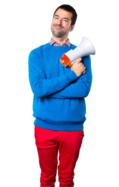 Joven Guapo Sosteniendo Megáfono Sobre Fondo Blanco — Foto de Stock