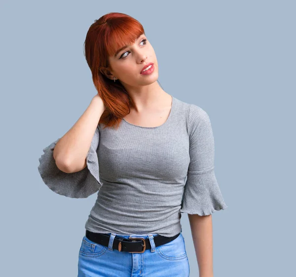 Young Redhead Girl Having Doubts Confuse Face Expression Blue Background — Stock Photo, Image