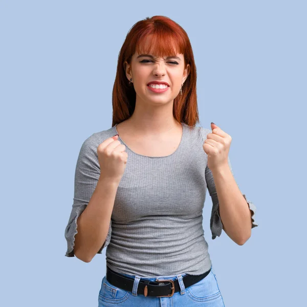 Young Redhead Girl Annoyed Angry Furious Gesture Blue Background — Stock Photo, Image