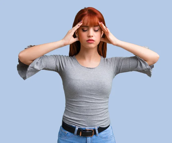 Young Redhead Girl Unhappy Frustrated Something Negative Facial Expression Blue — Stock Photo, Image