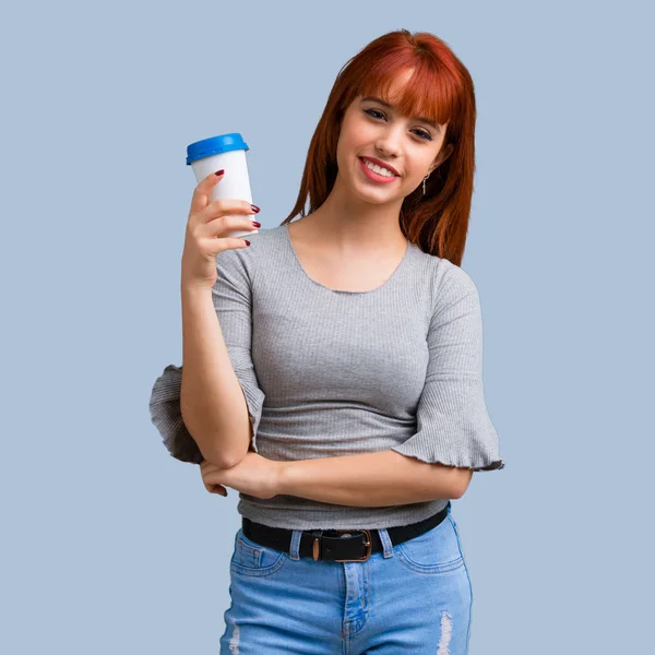 Young Redhead Girl Holding Hot Coffee Takeaway Paper Cup Blue — Stock Photo, Image
