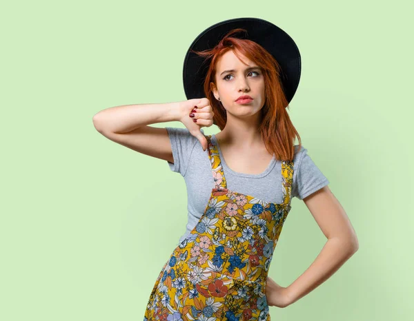 Cool Redhead Girl Hat Showing Thumb Sign Negative Expression — Stock Photo, Image