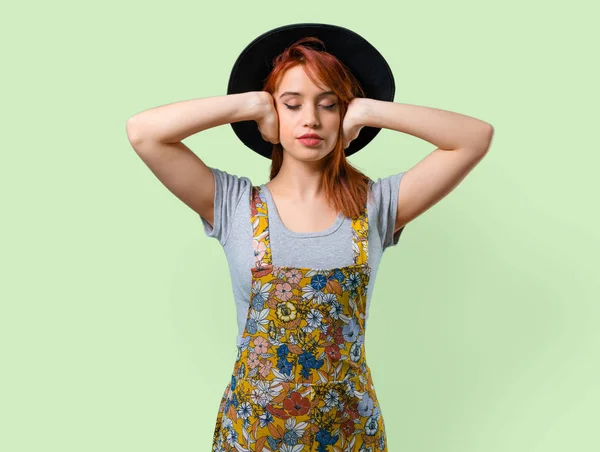 Cool Redhead Girl Hat Covering Both Ears Hands — Stock Photo, Image