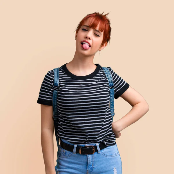 Young Student Redhead Girl Showing Tongue Camera Having Funny Look — Stock Photo, Image